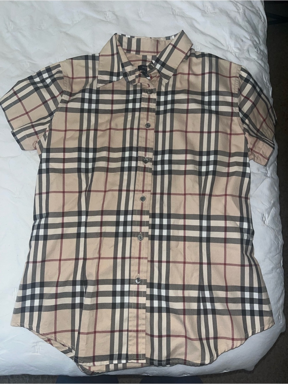 Burberry Short Sleeve Button-Down Beige Plaid Shirt